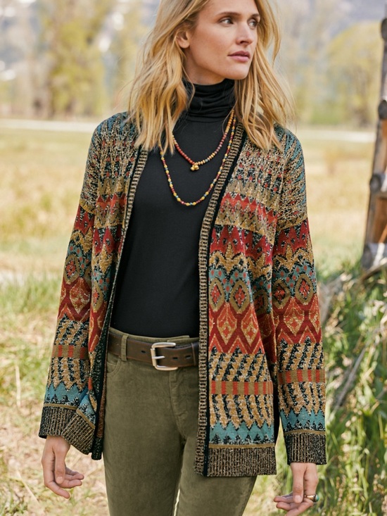 Peruvian Connection Sweaters - Peruvian Connection Dauphine Open Longline Cardigan Metallic Floral Medallion XL
